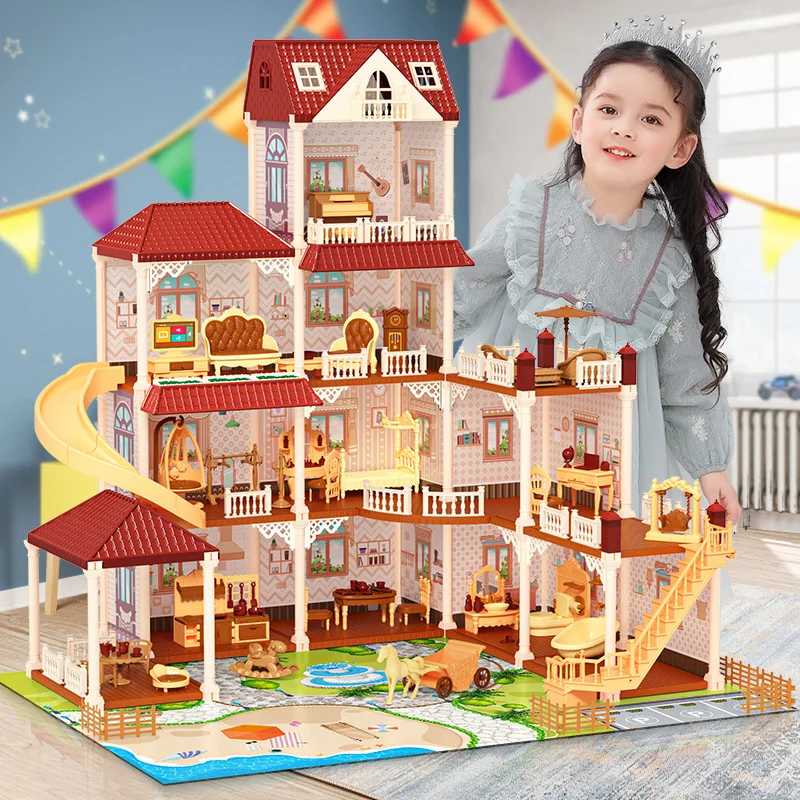 

Princess Big Villa Diy Plastic Dollhouse Play Room Furniture Kit With Light Assembled Doll House Toys For Girls Children Gifts