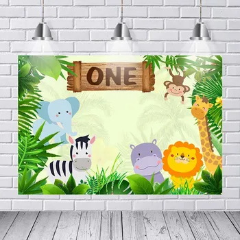 

Photography Backdrops Happy Birthday Party Backdrop with Jungle Animals Cartoon Style Party Decoration Photography Studio Funds