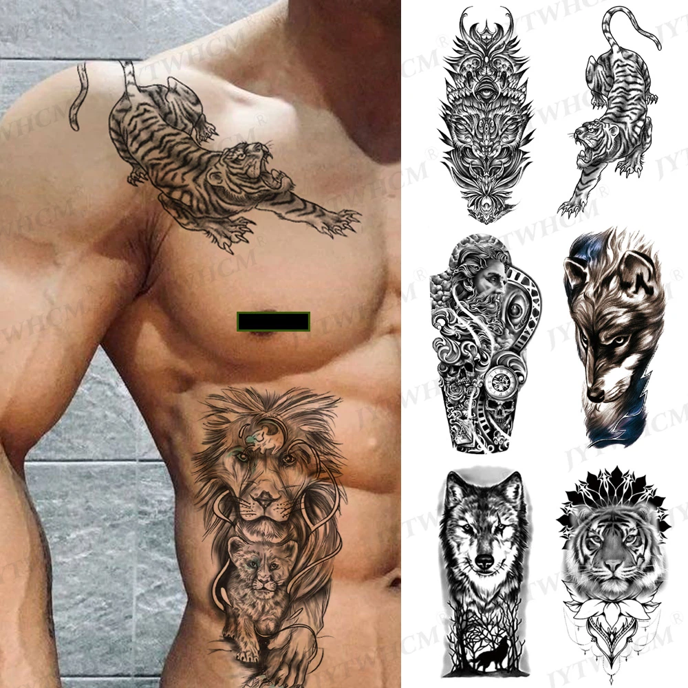 Art Temporary Tattoo Sticker Lion King Sleeve Tattoo Edges Rose Waterproof  Fake Wild Wolf Crown Tiger Chest Men Half Arm Tattoos - Temporary Tattoos -  AliExpress