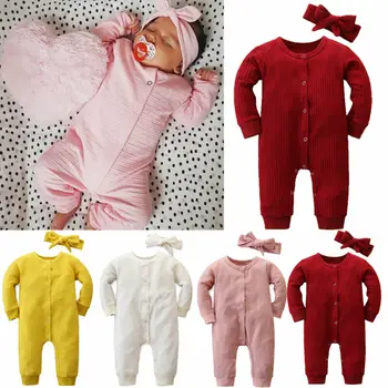 

Autumn Solid Newborn Baby Girl Boy Clothes Winter Long Sleeve Casual Romper Headband 2pcs Set Outfit Cotton Jumpsuit Tracksuit