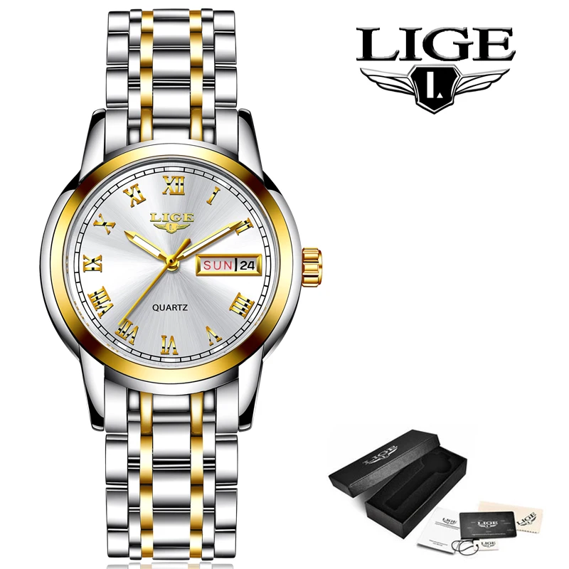 Часы наручные LIGE женские золотистые креативные водонепроницаемые с браслетом из