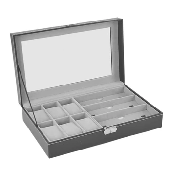 

Glasses Storage Box Synthetic Leather Transparent Cover Exposure Box with 6 Grids and 3 Storage Glasses