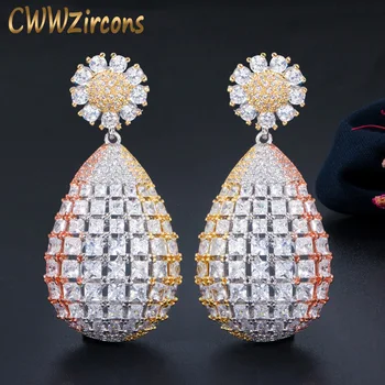 

CWWZircons High Quality 3 Tone Dubai Gold Large Long Flower Drop Luxury Earrings for Bride Wedding Party Costume Jewelry CZ672