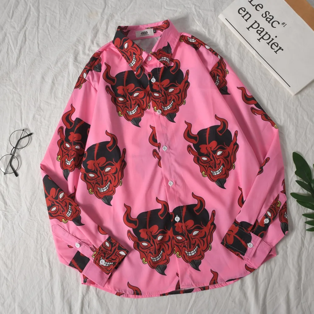 Хип хоп рубашки в уличном стиле для мужчин дьявол полный печати с длинным рукавом Летние цветочные раппер harajuku Свободные Гавайские корейские рубашки camisa