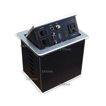 

Desktop Power Outlet Pop up Connectivity Box with New Panel in Aluminum, Power, USB, RJ45, VGA, HDMI, 3.5 Audio and 6ft Power Co