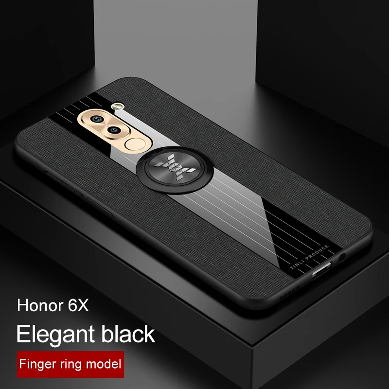 Black With Ring Чехол для huawei Honor 6X, тканевый жесткий чехол на заднюю панель, мягкая рамка, тканевый чехол для телефона, для huawei mate 9 Lite, 5,5 дюймов, магнитный держатель-кольцо - Цвет: Black With Ring