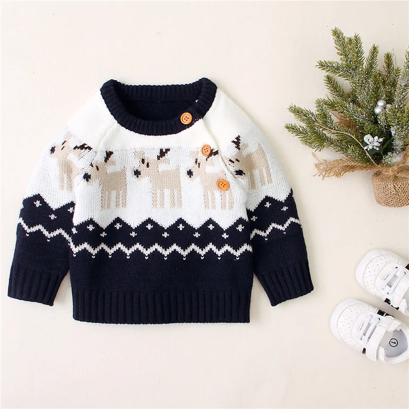 Детский свитер, Рождественская вязаная одежда для малышей, Свитера для маленьких мальчиков, Свитера с оленями для девочек, кардиган для малышей, кардиган для маленьких девочек и мальчиков - Цвет: Синий