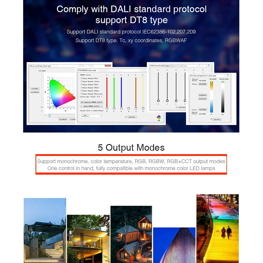 DALI 5 ben 1 ledes Számvevő DC12V 24V dimmer Alatámaszt DT8 típusa RGBW RGB +CCT kimeneti mód Összeegyeztethető miboxer DP1S/DP2S/DP3S/DL-POW1