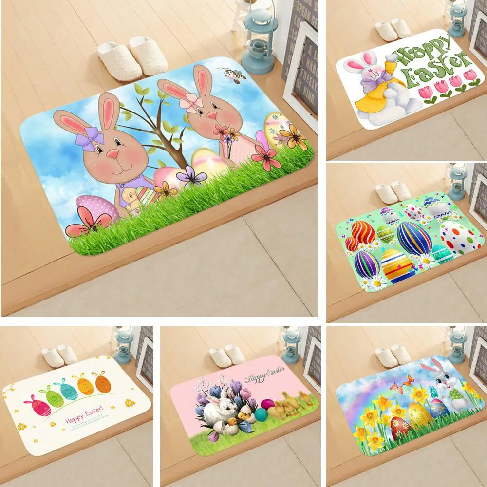 Happy Easter Printing Doormat Easter Bunny Flannel Floor Mat Nonslip
