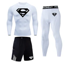 Для мужчин сжатия тренажерный зал одежда костюмы тренировки «Супермен», костюм для бега, Фитнес ткань отводящая влагу спортивный костюм колготки 3 шт./компл