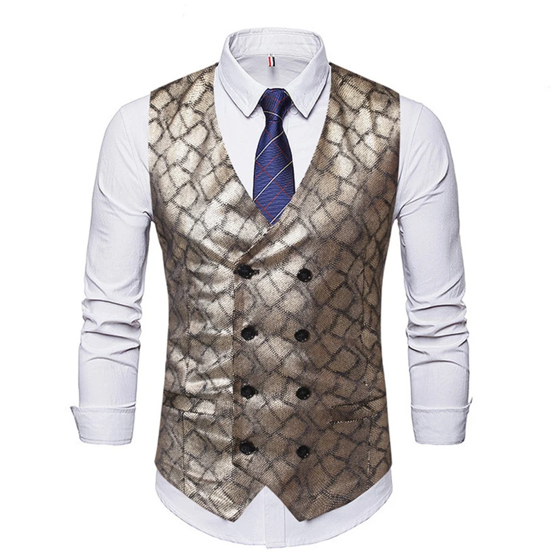 14.1     37、双排扣、Men vest chalecos para hombre new bronzing printed double-breasted high-quality suit vest men's fashion casual suit vest