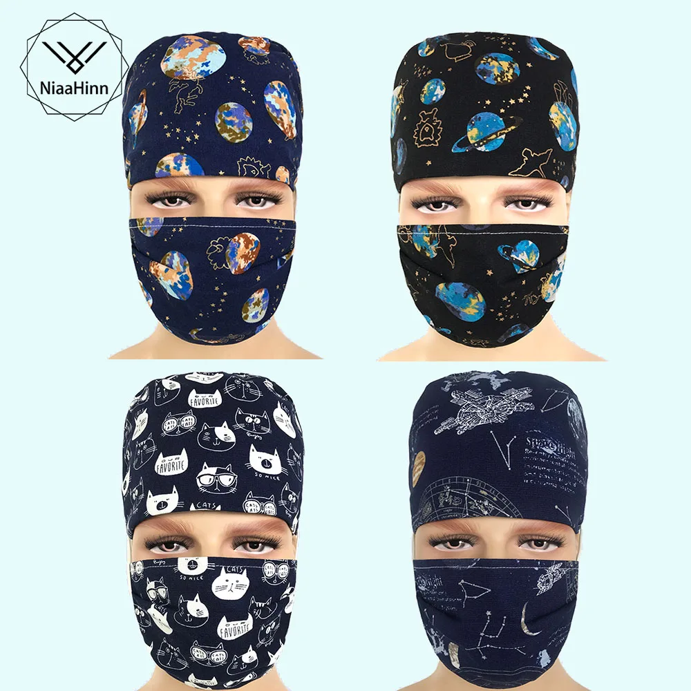 

Mens Scrub Caps Hospital Print Medical Masks Cotton Adjustable Perfect Sewing Nurse Caps High Quality Men's Surgical Caps