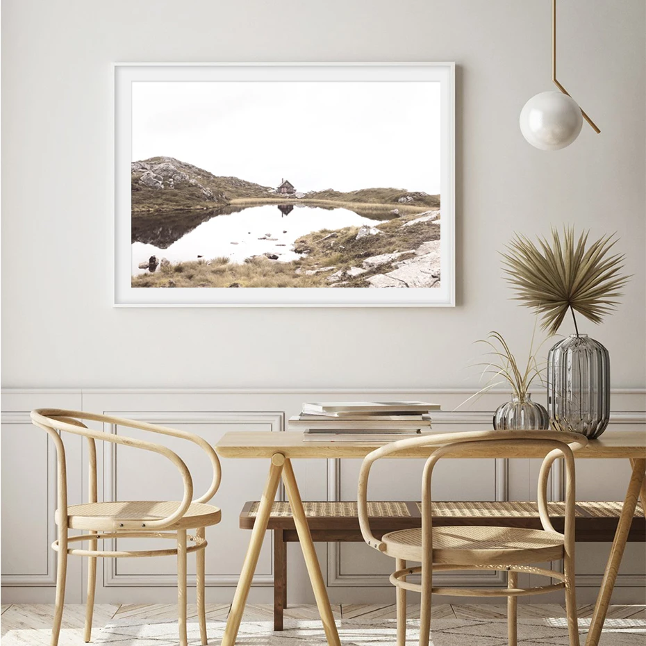 

Modern Boho Style Lake House Scene Canvas Painting Poster and Print Wall Art Pictures for Living Room Home Decorations