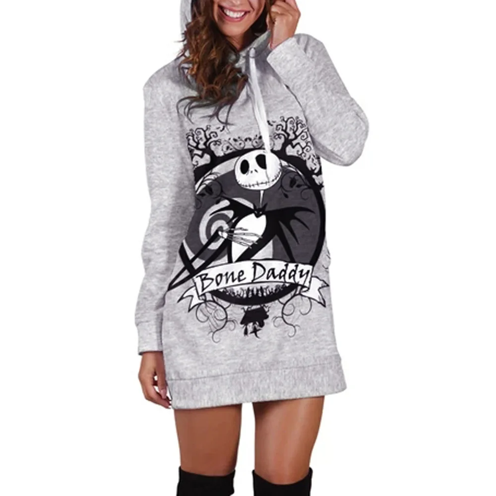 

Halloween Long Sleeve Gray Hoodies Women Skull Print Pocket Drawstring Casual Hoody Long Sweatshirt Harajuku Hoodie Female Cloth