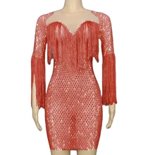 

Shiny Rhinestone Tassel Women Dresses Sknny Elastic Short Dresses Teams Catwalk Stage Wear Evening Prom Outfit