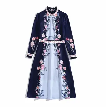 

Europe and the United States women's clothing Spring 2020 new styles Collar long sleeves Color contrast flower print dress