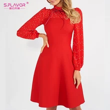 S. FLAVOR модное лоскутное платье в горошек для женщин, винтажные вечерние платья с высоким воротом, женское шикарное тонкое платье трапециевидной формы с длинным рукавом