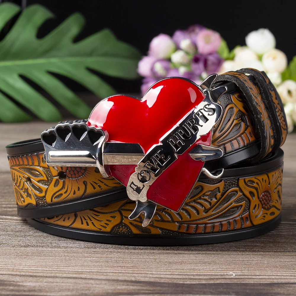 Love Hurts Buckle Sword and Red Heart for Women Fashion Embossed