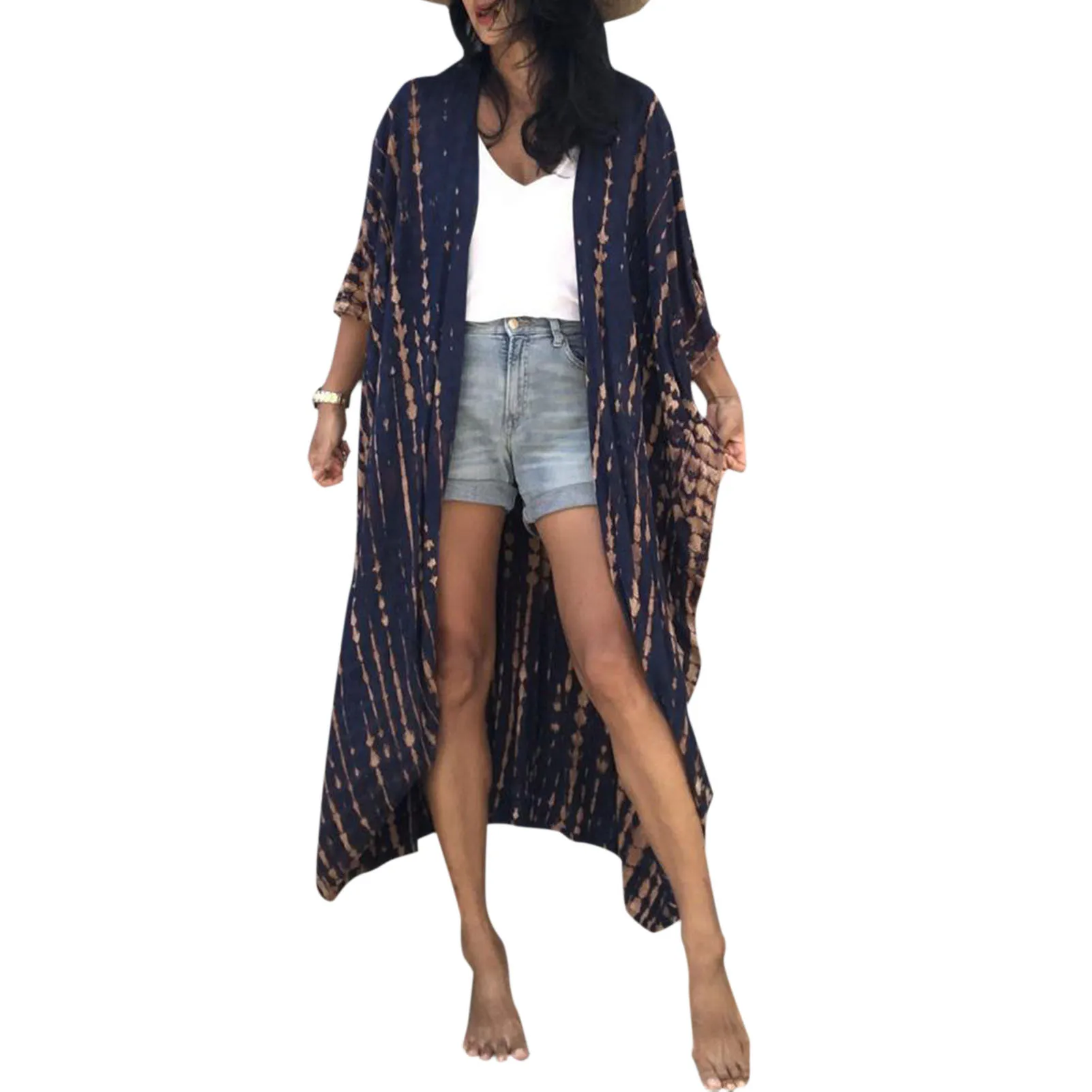 Women Bikini Cover Tie Dyed Striped Self Belted Kimono Cardigan Robe Female Loose Casual Summer Beach Swimsuit Cover Up sexy swimsuit cover ups Cover-Ups