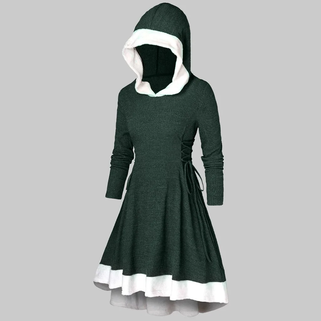 Robe hiver femme, женское платье с длинным рукавом, винтажное, однотонное, размера плюс, с капюшоном, на шнуровке сбоку, зимнее платье, vestidos ropa mujer sukienki