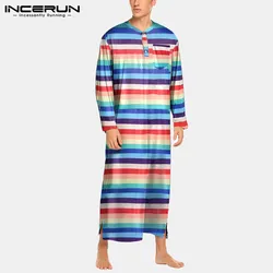 Men Striped Robes Colorful O Neck Soft Long Sleeve Bathrobes Loose Comfortable Leisure Nightgown Men Dressing Gown 5XL INCERUN 7