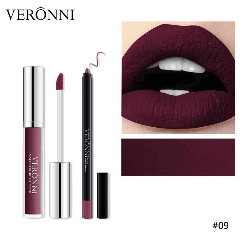 09 VERONNI Matte Lipgloss Sexy Liquid Lip Gloss with Lipliner Long Lasting Waterproof Cosmetic Beauty Keep 24 Hours Makeup lipgloss - Цвет: 09