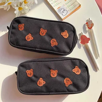 

Kawaii Cartoon Bear Embroidery Pencil Bag Student Large Capacity Handbag Cosmetic Storage Bag Korean Stationery School Supplies