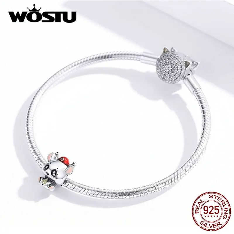 WOSTU, 925 пробы, серебро, милая мышь, богатство, бусы, удача, шарм, подходит для оригинального браслета, кулон, год, Прекрасные Ювелирные изделия, подарок CTC113