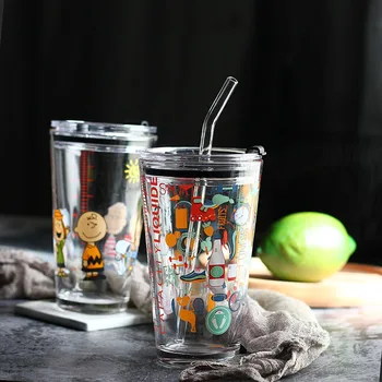 

Creative Graffiti Home Glass Cup With Scale Seal Cover Milk Juice Cup Cute Car Cup Bottle