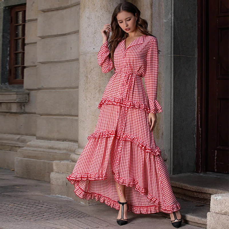 Europe And America Origional Design WOMEN'S Dress New Style Bohemian Dress Thousand Plaid Light Formal Dress Long Skirts