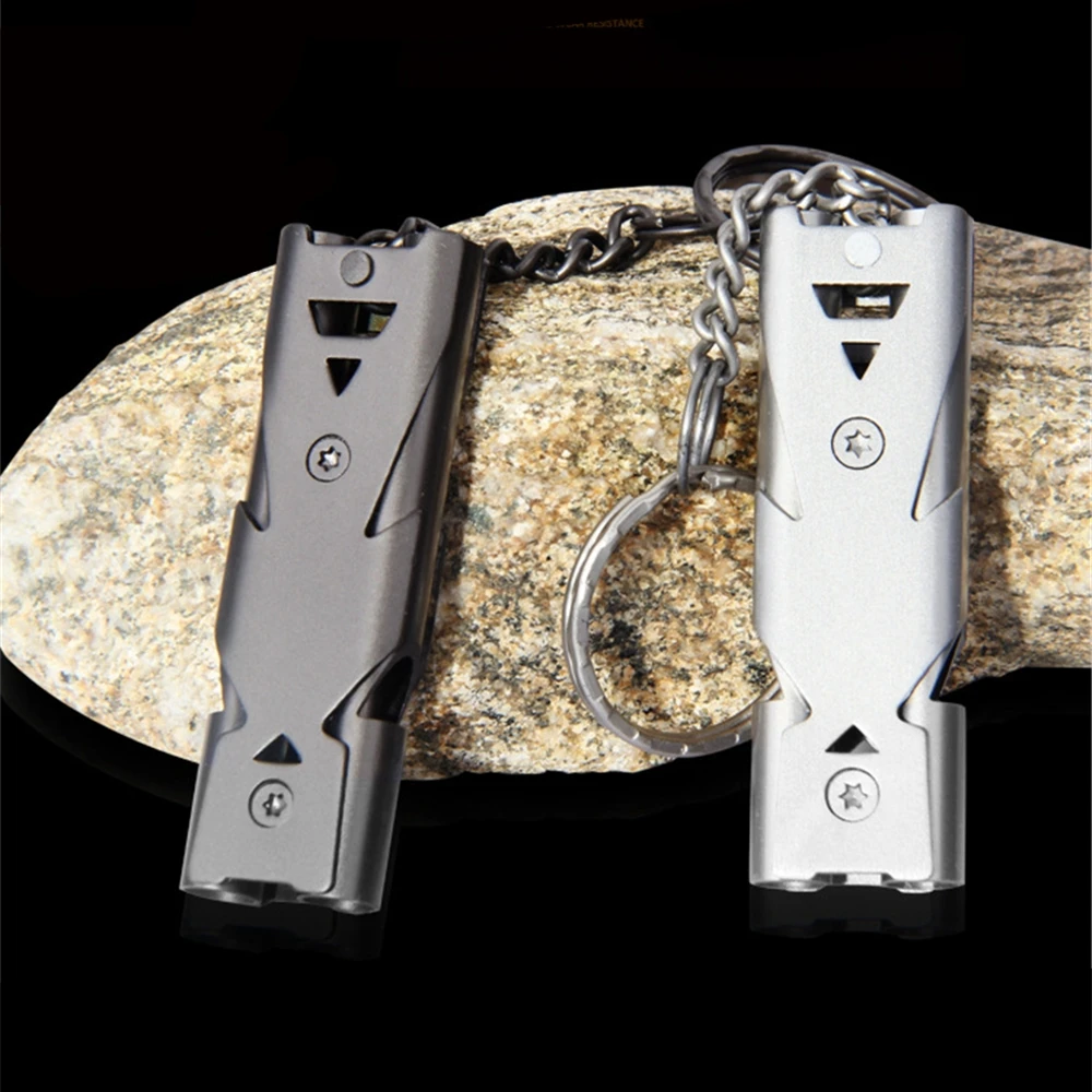 High Decibel Portable Metallic Keychain Whistle Stainless Steel Double Pipe Emergency Survival Multifunction Outdoors Tools