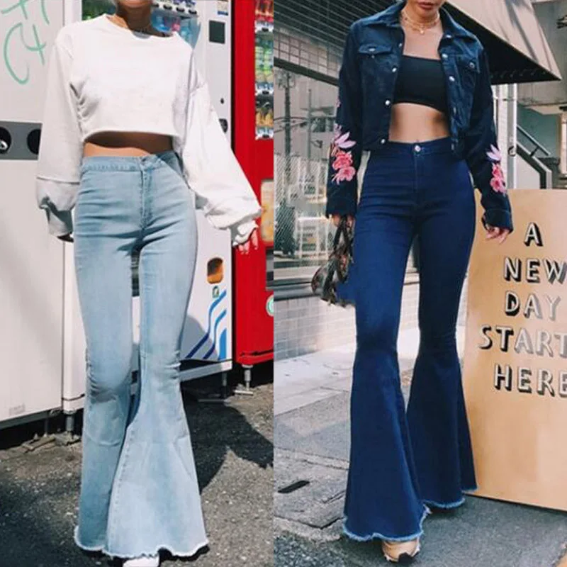 2019 Модные женские растягивающиеся расклешенные джинсы женские сексуальные брюки с высокой талией повседневные широкие брюки женские