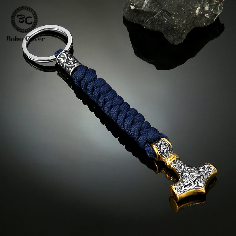남성용 바이킹 토르의 망치 키체인, 스테인리스 스틸 Mjolnir 부적 키링 나이프 펜던트, 수제 생존 파라코드 로프 쥬얼리