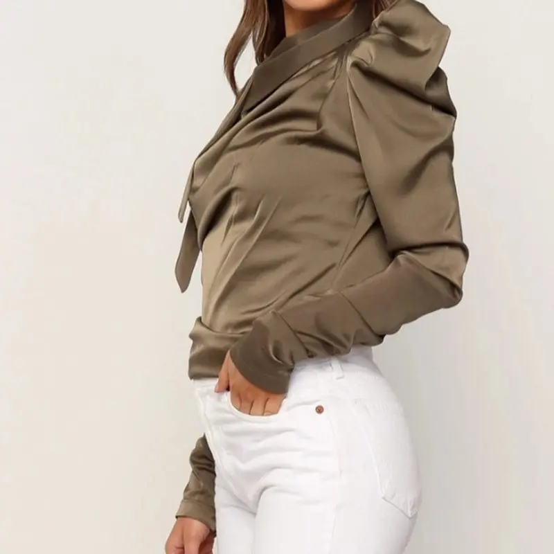 Женская тонкая блуза с длинным рукавом и воротником-стойкой, винтажная элегантная Офисная Женская осенне-зимняя женская рубашка в стиле ретро