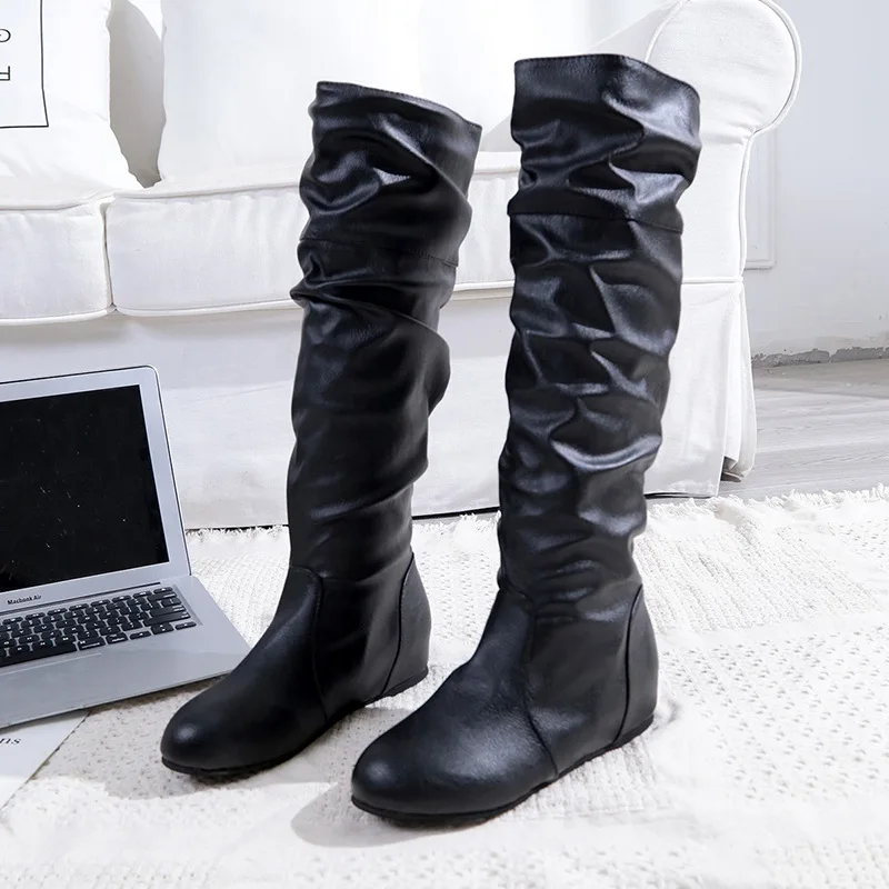 

Large Size 2018 Hot Selling Women's Boots WOMEN'S Thigh Boot Ozhouzhan Solid Color Pleated Boots Leather Boot
