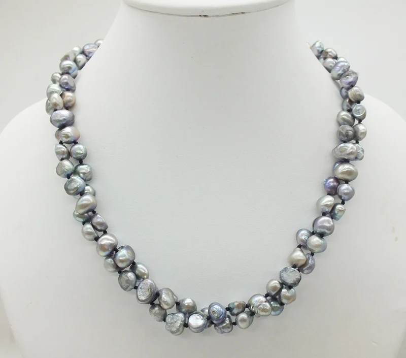 2 rows 8MM natural gray freshwater pearl necklace 19"