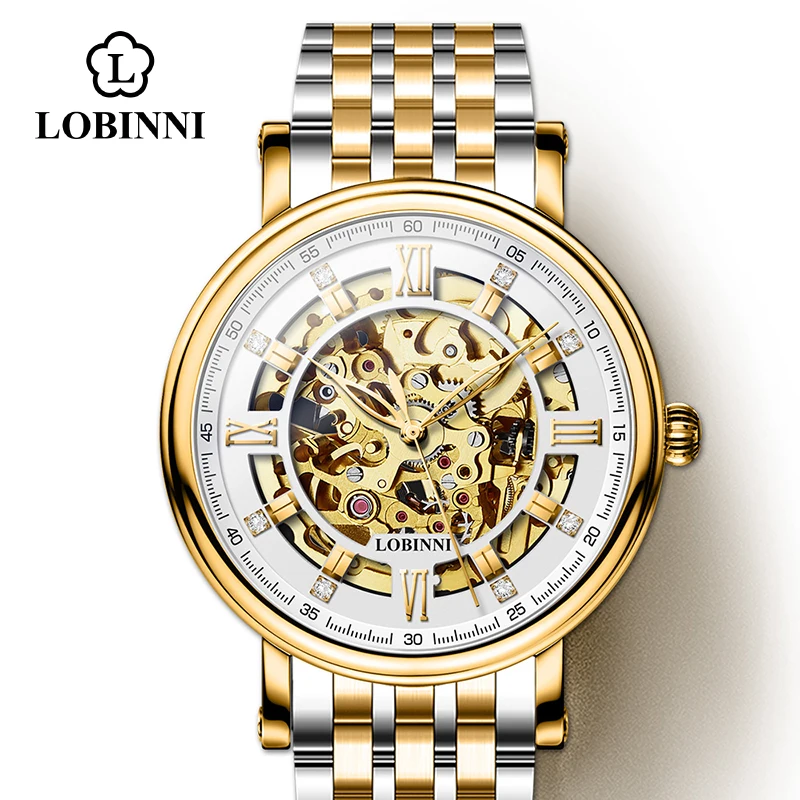 LOBINNI, часы с римским циферблатом, мужские,, Relogio Masculino, автоматическая передача, механические бренды, сталь, Orologio, кожа, стоимость, наручные часы - Цвет: Silver-Gold-White