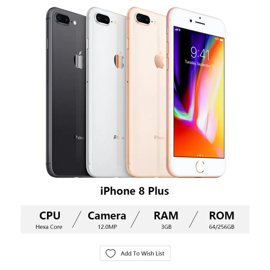 Used Unlocked Apple iPhone 8 Plus 8Plus 64GB/256GB Mobile Phone 3GB RAM Hexa Core 5.5\