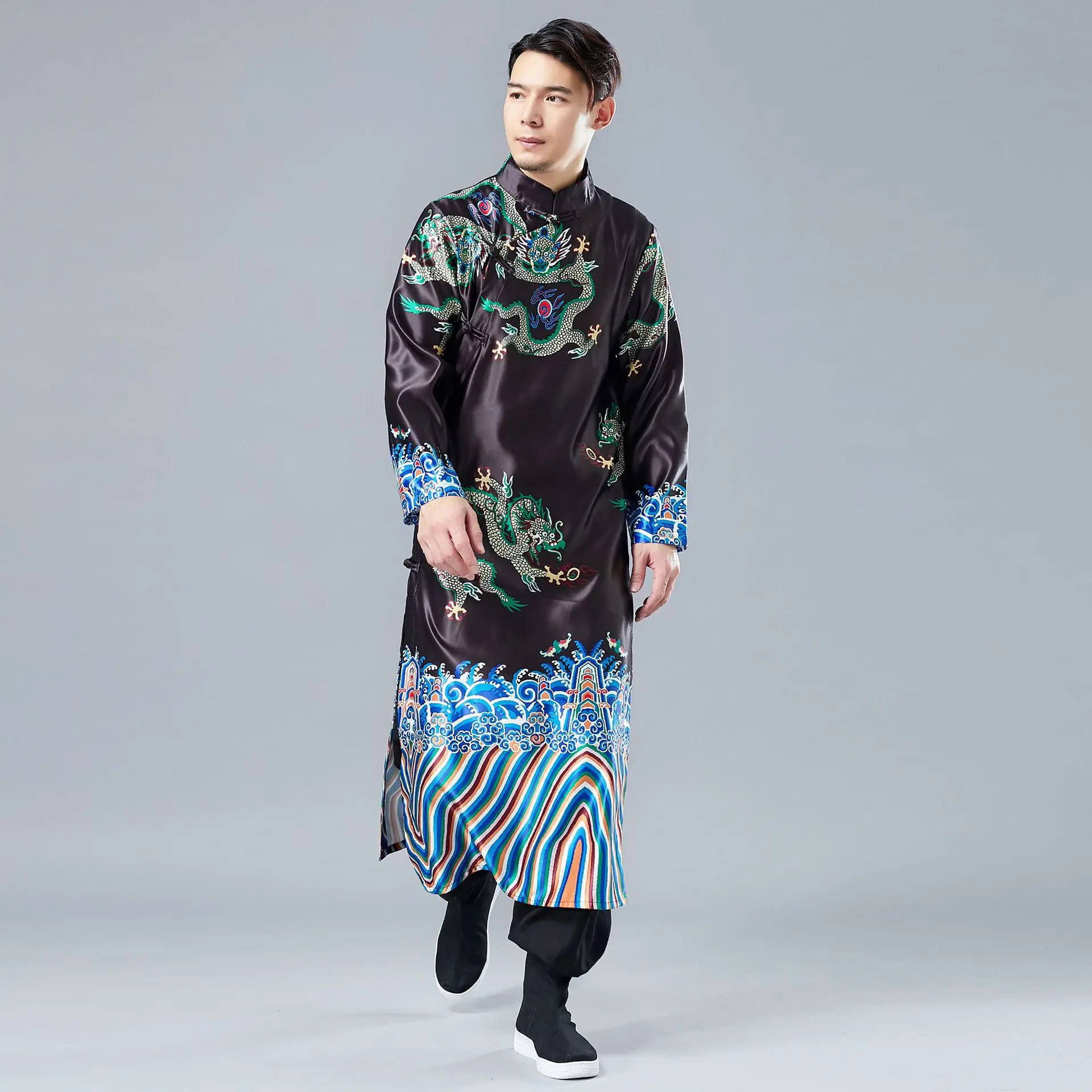 Чаншань Традиционный китайский стиль чаншань мужская одежда пластина пряжки кардиган национальный костюм emperorlong fu официальная одежда - Цвет: Черный