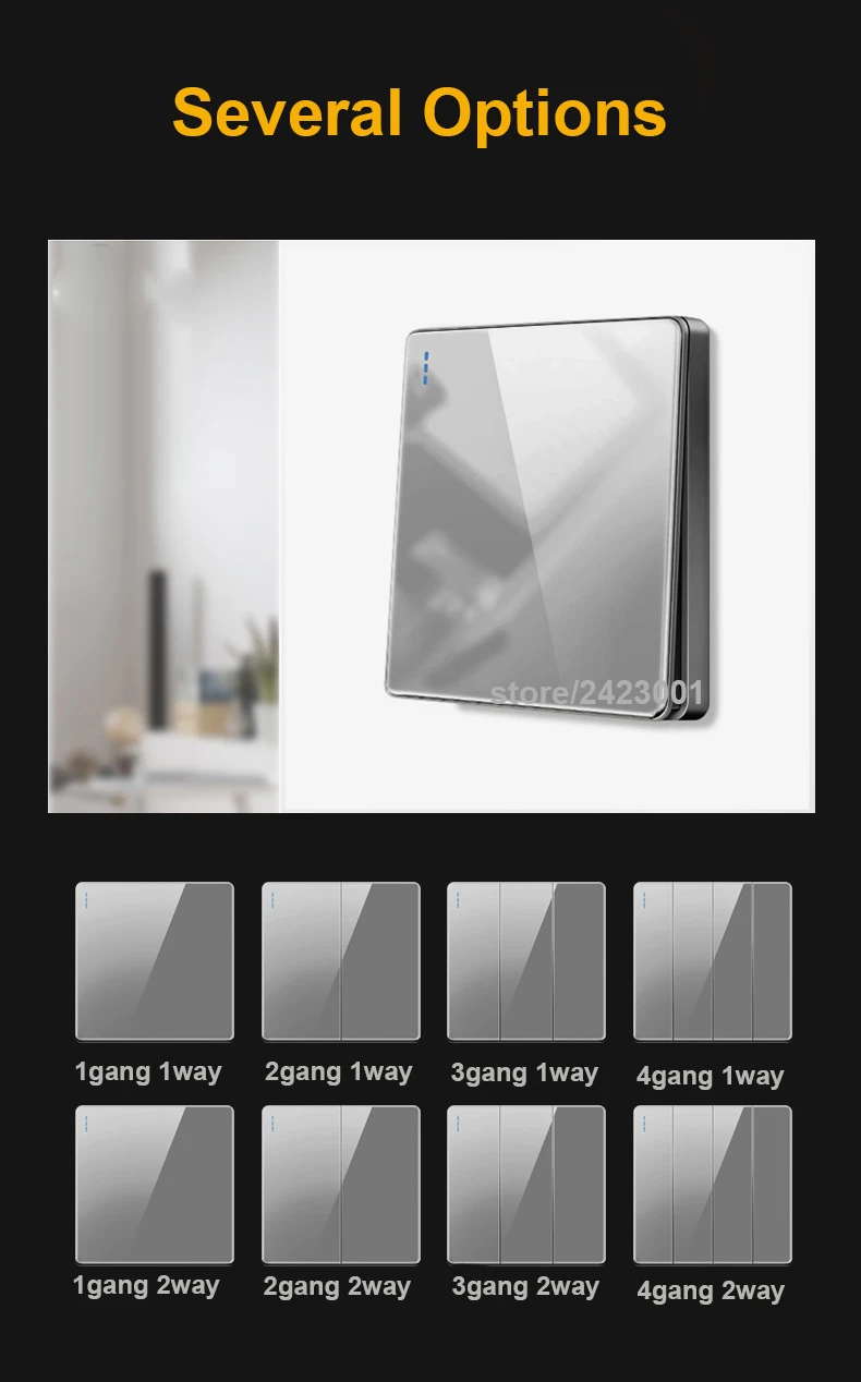 Высококачественная 1 2 3 4 банда 1 2 способ большая панель серый переключатель тип розетки 86 стена 2.5D Cambered зеркало Закаленное стекло компьютерное ТВ