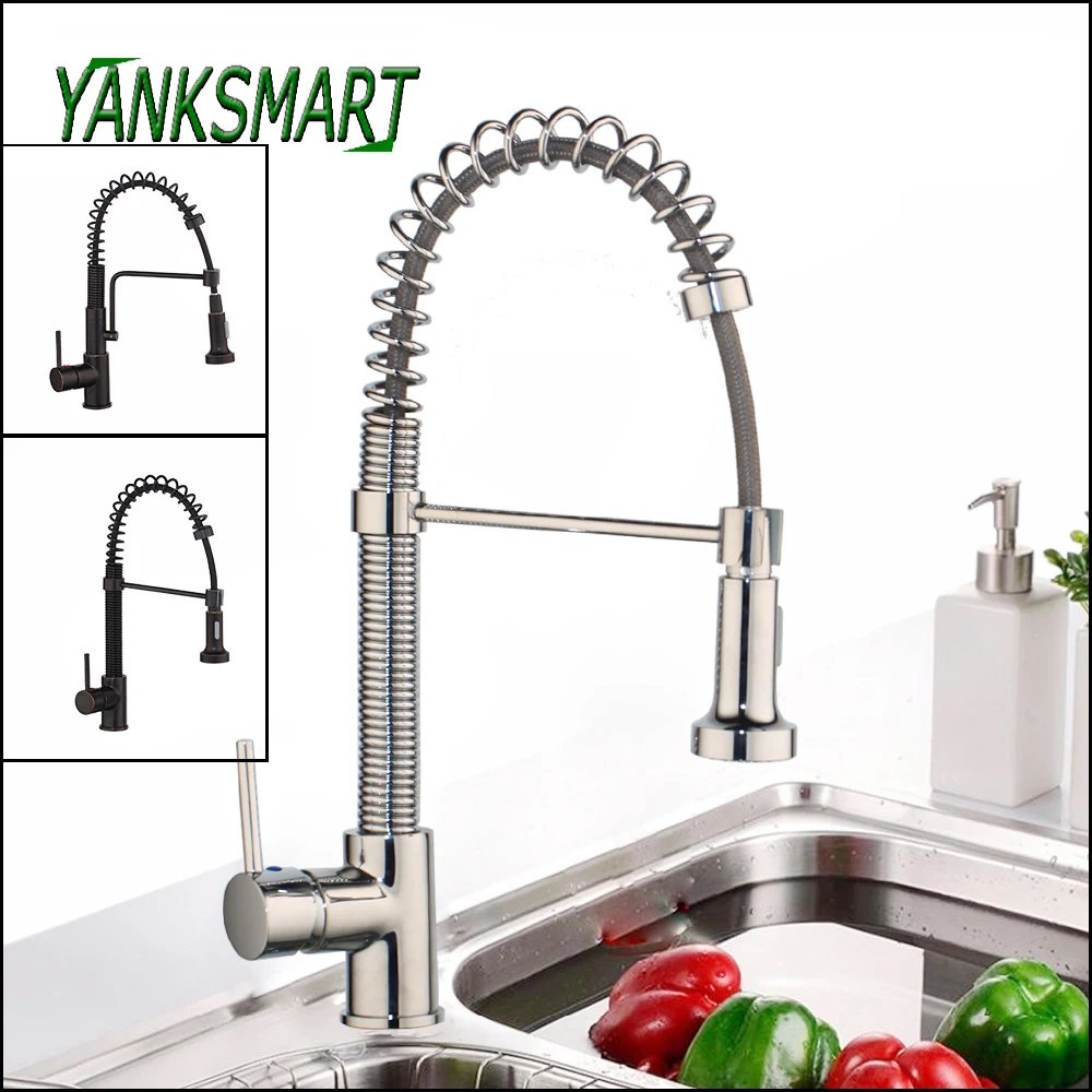YANKSMART черный ORB хром поворотный выдвижной бортике кухонный кран вращается Весна поток спрей смеситель для раковины