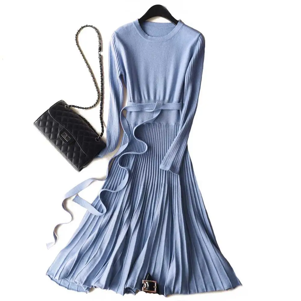 Зимнее весеннее платье для женщин, Кашемировое, смешанное, вязаное, приталенное, с поясом, плиссированное, миди, длинное, стильное, Vestidos de Festa - Цвет: Haze Blue