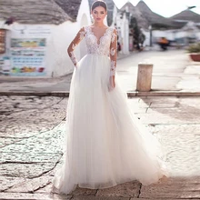 Winsome Tulle V-Neck A-Line Свадебные платья с длинными рукавами элегантное кружевное свадебное платье vestido noiva sereia