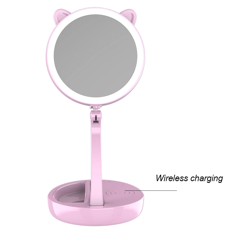 light purple B Креативное розовое милое настольное зеркало для макияжа hello kitty 7x, мультяшное зеркало, туалетное зеркало с беспроводной зарядкой, светодиодное кошачье зеркало, подарок для девочек - Цвет: light purple B