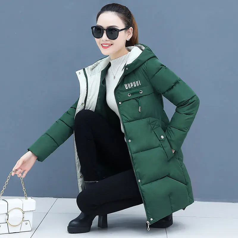 Green Vangull зимние парки женские повседневные куртки с капюшоном с длинным рукавом Осенние теплые длинные женские пальто с буквенным принтом верхняя одежда на молнии - Цвет: Green