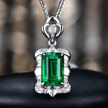

Square green crystal emerald gemstones diamonds pendant necklaces for women 18k white gold silver color choker jewelry bijoux