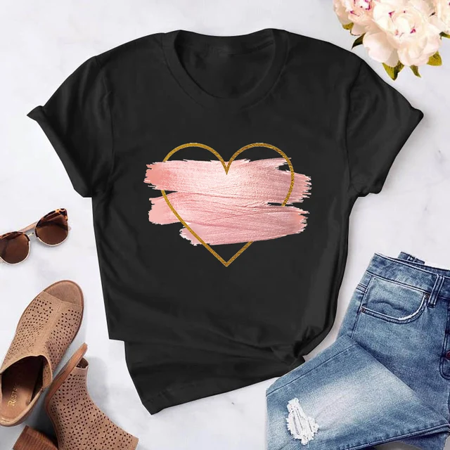 Heart flower print ladies T-shirt ladies casual basis O-collar white shirt short sleeve ladies T-shirt love graphic printing CT-Black-751