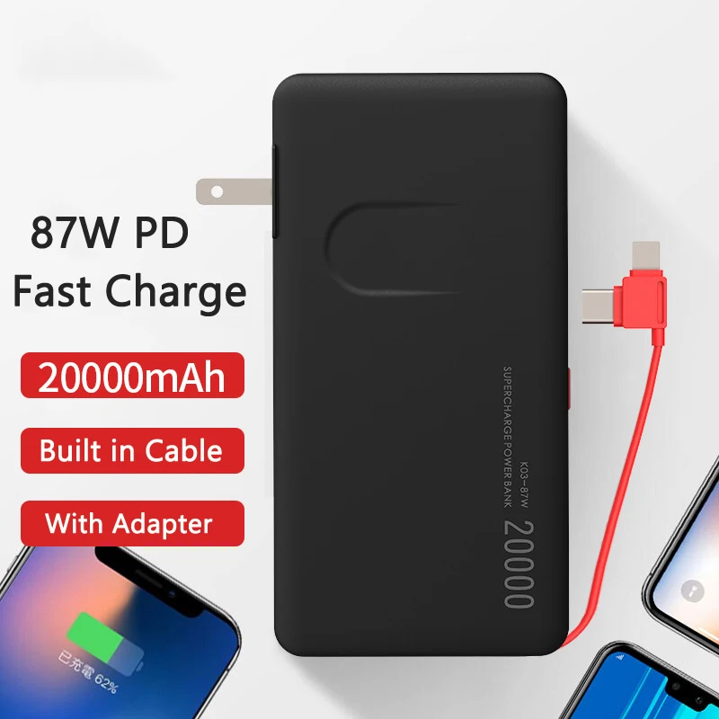 battery bank 20000mAh Power Bank Built in Cable AC Plug 87W PD Two-Way Fast Charging for iPhone 12 11 Huawei Xiaomi Laptop Notebook Powerbank battery pack for phone Power Bank