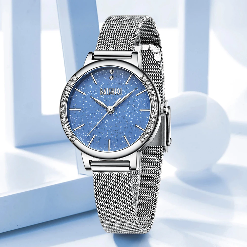 Summer Blue Dial Women Watches Waterproof Stainless Mesh WristWatch Fashion Diamond Quartz Watch Clock Women Female