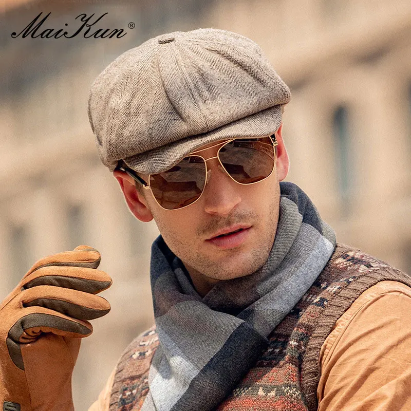 

Maikun Hat Men's Autumn And Winter British Vintage Forward Hat Tthickened Cap Men Winter Short Brim Male Beret